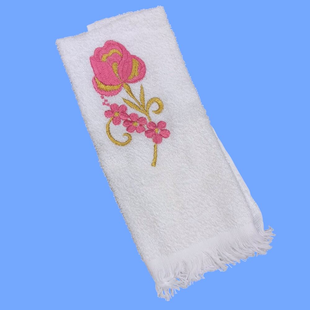 Vintage Towels by FMC White Hand Towel Pink Floral Embroidery Fringe 25"